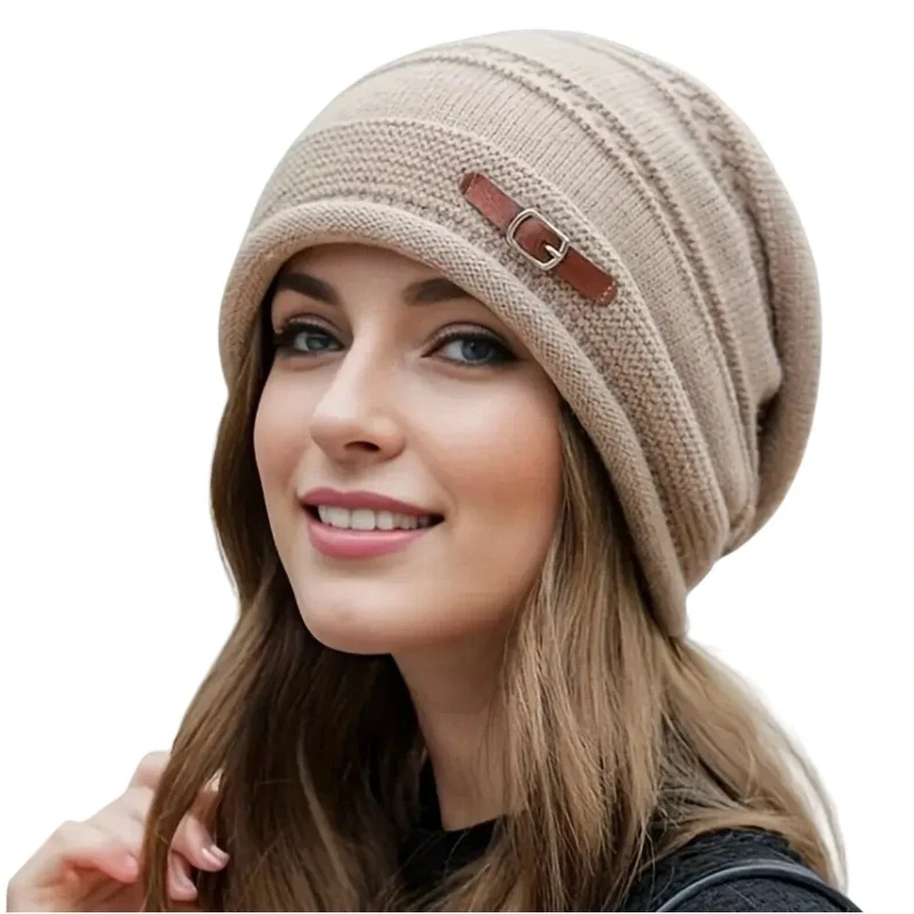 Slouchy Stretchy Winter Cozy Cream‎ Buckle Beanie Knit Hat OS Thick Soft Lined